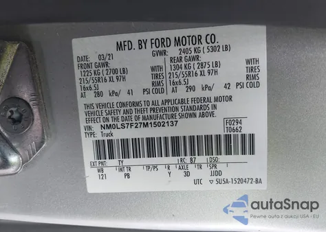 2021 Ford Transit Connect Xlt Cargo Van из США, поврежденный, VIN NM0LS7F27M1502137